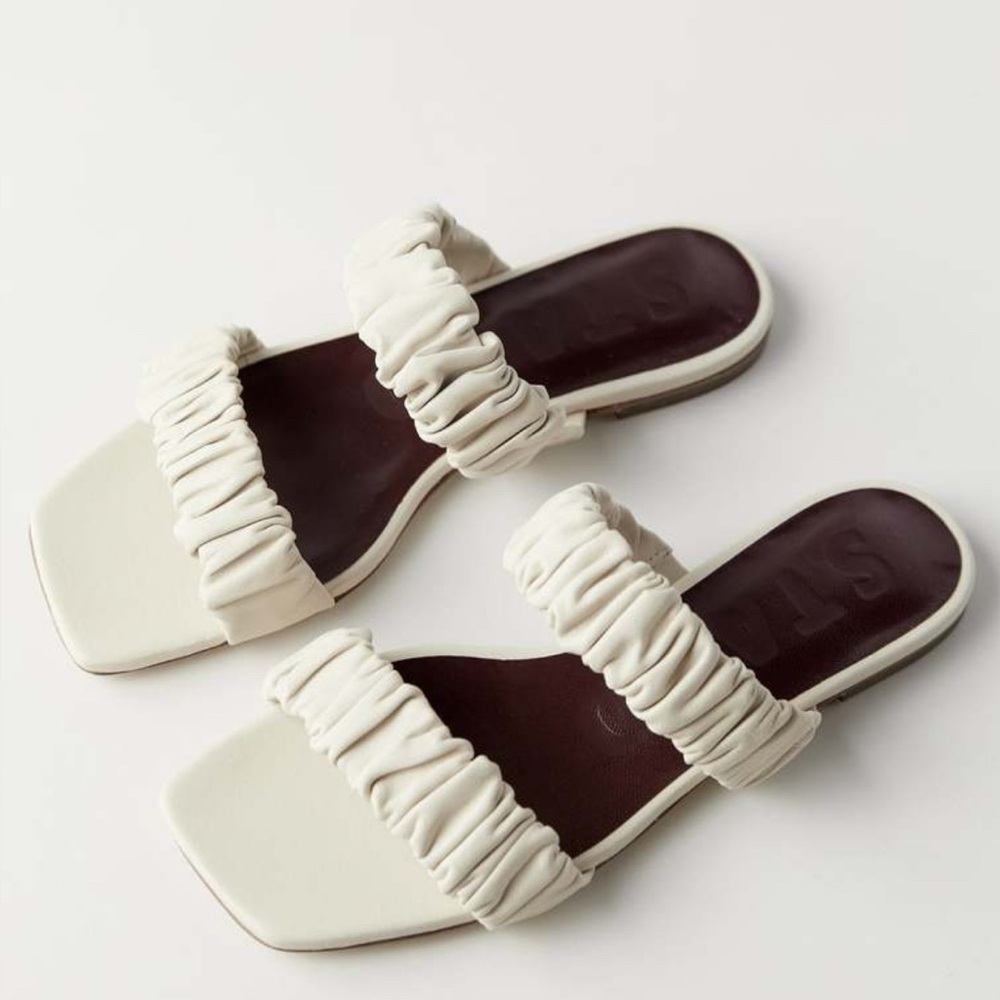 Staud Maya Ruched Cream Sandals